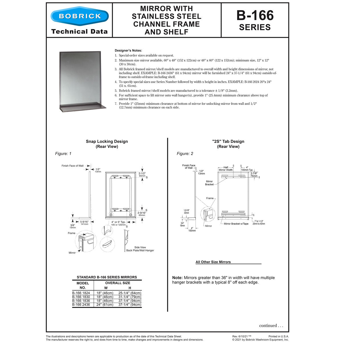 Bobrick B-166-1824 (18 x 24) Public Restroom Mirror Shelf, Channel Frame, 18" W x 24" H, Stainless Steel w/ Bright-Polished Finish